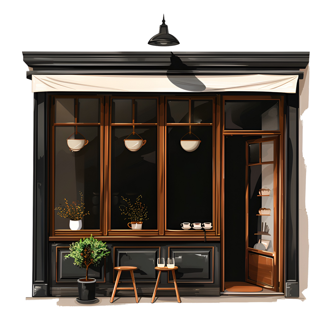 modern coffee shop with window seating and modern light fixtures