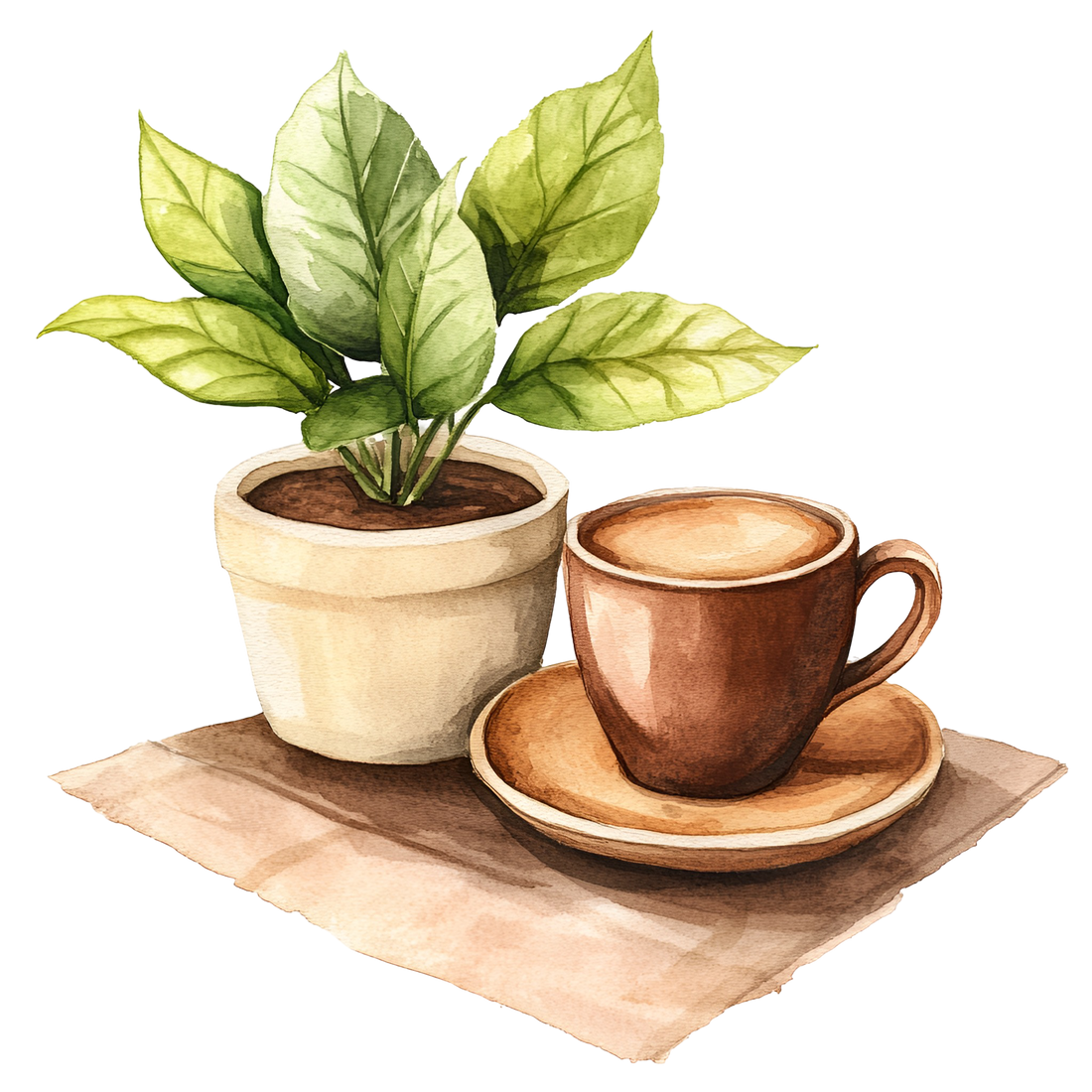 brown saucer and coffee cup and a green plant in cream pot sitting on top of a light brown counter in watercolor