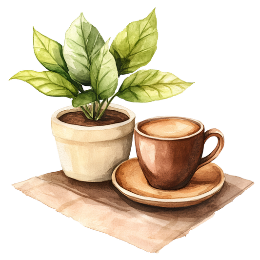 brown saucer and coffee cup and a green plant in cream pot sitting on top of a light brown counter in watercolor