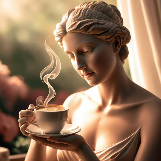 Standing by a window with the warm morning sun. Greek goddess aphrodite holding a cup of hot coffee with a swirl of steam rising from the cup.