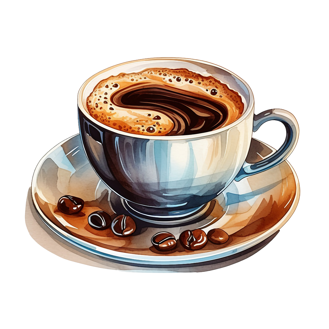 Cup of coffee in a blue and gold design with 6 coffee beans layed out on the saucer