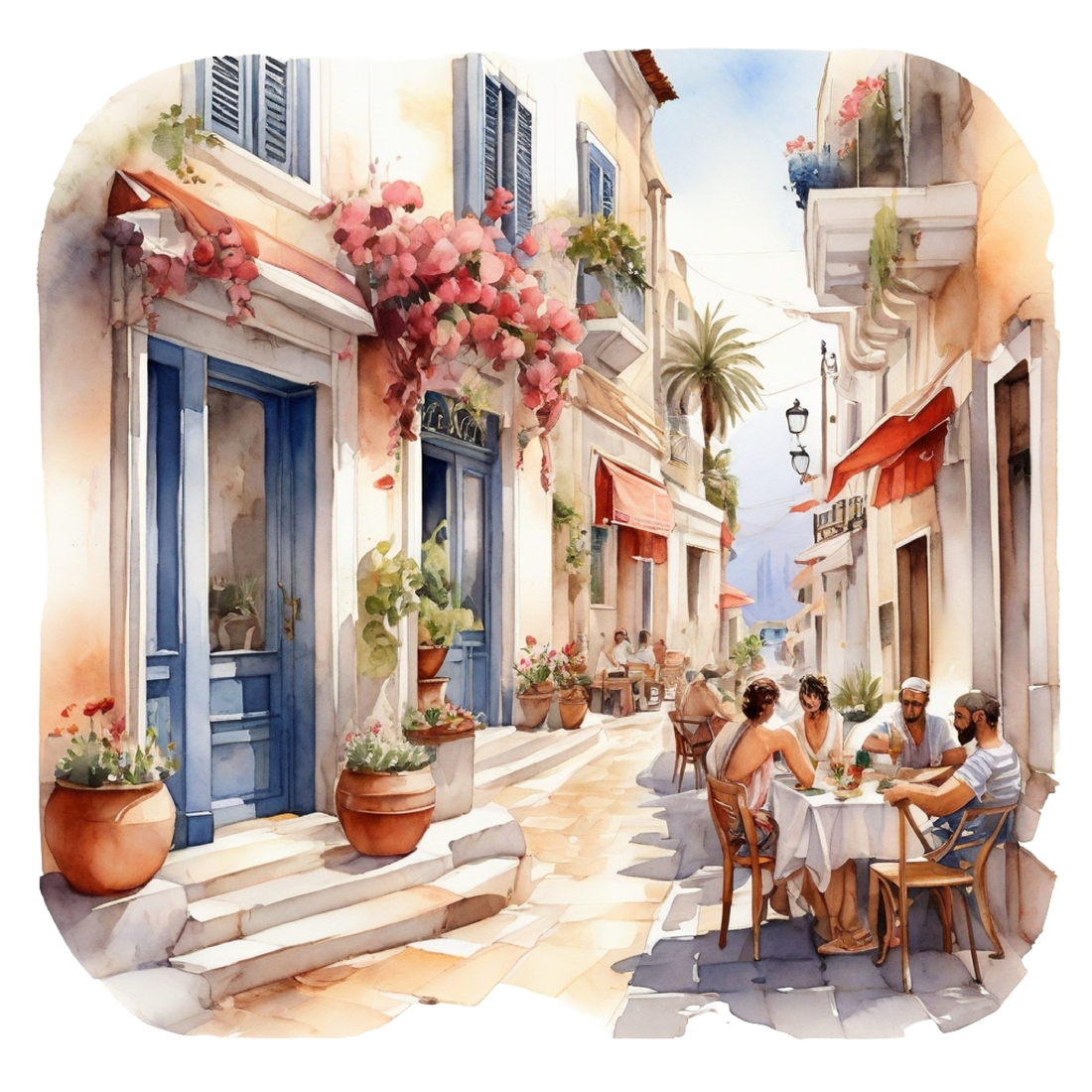 people sitting at a cafe in greece on a summer day with beautiful pink flowers, blue doors, white buildings.