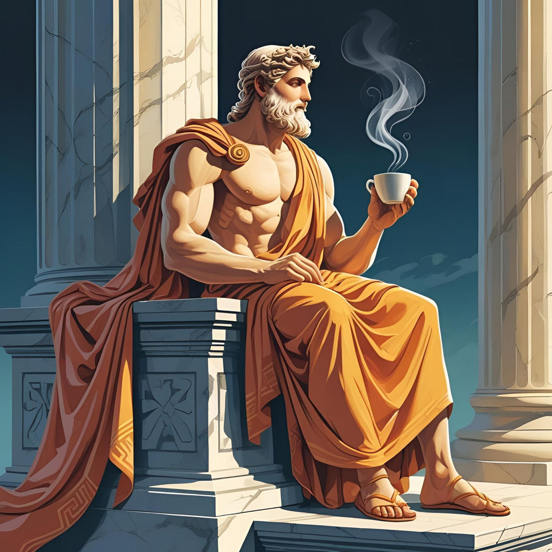 greek god wearing orange, sitting by a pillar at his temple holding a cup of streaming coffee in a white cup looking towards the right